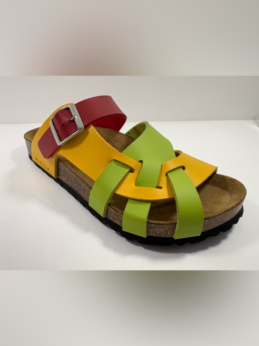 Yellow, Red and Green Cork Footbed Sandal with Adjustable Buckle